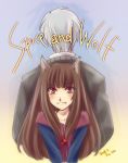  brown_eyes brown_hair craft_lawrence fang fu-ka height_difference holo kazabana long_hair short_hair silver_hair spice_and_wolf wolf_ears 