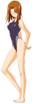  1girl blush brown_eyes brown_hair competition_swimsuit fate/stay_night fate_(series) feet fue fue_(rhomphair) large_breasts legs long_hair long_legs mitsuzuri_ayako one-piece one-piece_swimsuit short_hair solo swimsuit tomboy wink 