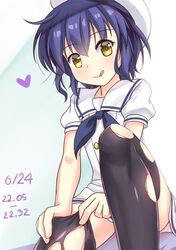  1girl :q black_legwear blue_hair blush dated gochuumon_wa_usagi_desu_ka? hat heart jouga_maya looking_at_viewer niiya school_uniform short_hair sitting smile solo thigh-highs timestamp tongue tongue_out torn_clothes torn_thighhighs yellow_eyes 