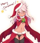  1girl bangs black_bra black_panties blush bra breasts chloe_von_einzbern closed_mouth crop_top eyebrows_visible_through_hair fate/kaleid_liner_prisma_illya fate_(series) gift hair_between_eyes holding holding_gift ito_(silk9f) long_hair looking_at_viewer merry_christmas midriff navel panties pink_eyes pink_hair red_skirt santa_costume skirt small_breasts smile solo star thigh-highs underwear white_background 