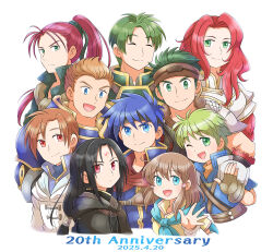  2girls 6+boys absurdres anniversary aogaeru_(pixiv46613656) armor black_hair blue_eyes blue_hair boyd_(fire_emblem) brown_hair closed_eyes commentary_request facial_mark fire_emblem fire_emblem:_path_of_radiance forehead_mark gatrie_(fire_emblem) green_eyes green_hair headband highres ike_(fire_emblem) long_hair mist_(fire_emblem) multiple_boys multiple_girls one_eye_closed oscar_(fire_emblem) ponytail red_eyes red_hair rhys_(fire_emblem) rolf_(fire_emblem) shinon_(fire_emblem) short_hair siblings soren_(fire_emblem) titania_(fire_emblem) 