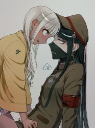  1boy 1girl :d armband black_hair blush_stickers danganronpa_(series) danganronpa_v3:_killing_harmony dark-skinned_female dark_skin eye_contact frilled_skirt frills from_side green_hat green_jacket grey_background grey_hair hat highres jacket katahaba_(wawawa_wa_haha) long_hair long_sleeves looking_at_another mask mouth_mask red_armband shinguji_korekiyo simple_background sitting skirt smile wide_sleeves yonaga_angie 