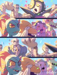 2023 2d 4girls 4koma 6+boys alligator alligator_girl alphys anthro artist_name black_eyepatch black_hair black_suit blonde_hair blue_skin blurry blurry_background blurry_foreground bratty_(undertale) brothers buck_teeth cat cat_girl catty_(undertale) colored_sclera comic confetti depth_of_field digital_media dinosaur dinosaur_girl ear_fins eyepatch female fins fish fish_girl formal_clothes furry furry_female glasses gloves green_skin hair_over_one_eye head_fins high_ponytail highres human humanoid humanoid_robot jacket lizard lizard_girl long_hair male mettaton mettaton_ex monster monster_boy monster_girl multiple_boys multiple_girls necktie noah_(rokoroko) open_mouth papyrus_(undertale) ponytail purple_fur red_hair red_necktie reptile reptile_girl robot robot_boy sans_(undertale) scalie sharp_teeth short_hair siblings silent_comic skeleton slit_pupils sunglasses tears teeth tongue tongue_out twitter_username two-tone_hair undead undertale undyne upper_body white_gloves yellow_sclera yellow_skin yellow_teeth