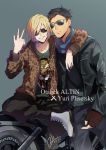  2boys 2y animal_print arm_around_neck black_gloves black_hair blonde_hair boots character_name cross-laced_footwear fingerless_gloves gloves grin ground_vehicle hood hoodie leopard_print male_focus motor_vehicle motorcycle multiple_boys otabek_altin scarf smile sunglasses yuri!!!_on_ice yuri_plisetsky 