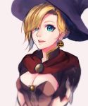  1girl alternate_costume aqua_eyes blonde_hair bodice breasts brooch capelet cleavage earrings gloves hair_over_one_eye halloween_costume hat jack-o&#039;-lantern jack-o&#039;-lantern_earrings jewelry looking_at_viewer mechanical_wings medium_breasts mercy_(overwatch) overwatch short_sleeves simple_background smile solo upper_body wings witch witch_hat witch_mercy z3_(commy9999) 