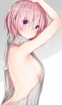  1girl akiran&#039;nu arched_back arms_up backless_outfit bangs bare_back blush breasts closed_mouth dress eyebrows_visible_through_hair fate/grand_order fate_(series) from_side hair_between_eyes halterneck highres lavender_hair looking_at_viewer medium_breasts naked_sweater no_bra no_panties open-back_dress pink_hair ribbed_sweater shade shielder_(fate/grand_order) short_hair sideboob smile solo sweater sweater_dress turtleneck turtleneck_sweater type-moon upper_body violet_eyes virgin_killer_sweater white_sweater 