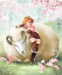  1girl boots brown_boots brown_dress brown_eyes brown_hair brown_legwear cherry_blossoms dress earrings grass hair_ornament jewelry looking_at_viewer matsumura_(30003) necklace original outdoors sheep short_hair standing striped_sleeves thigh-highs 