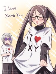  1boy 1girl absurdres akuta_hinako artist_name blush character_name commentary_request fate/grand_order fate_(series) glasses highres ponytail prince_of_lan_ling_(fate) round_eyewear seeds328 shirt side_ponytail signature twitter_username yu_mei-ren_(fate) 