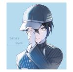  1boy adjusting_clothes adjusting_hat baseball_cap black_hair blue_background character_name closed_mouth covered_eye dangan_ronpa ekira_nieto eyelashes hat looking_to_the_side male_focus new_dangan_ronpa_v3 saihara_shuuichi school_uniform simple_background upper_body yellow_eyes 