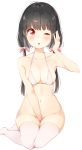  1girl :o ;o azuki_(krps-hano) between_legs black_hair blush breasts cleavage collarbone groin hair_ribbon halterneck hand_between_legs head_tilt highres long_hair looking_at_viewer low_twintails medium_breasts navel no_panties one_eye_closed open_mouth original pink_ribbon red_eyes ribbon simple_background solo thigh-highs twintails white_background white_bikini_top white_legwear 