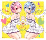  2girls :d bangs bare_shoulders blue_eyes blue_hair blush breasts character_name cleavage closed_mouth collarbone criss-cross_halter detached_sleeves detached_wings dotted_line dress english eyelashes flower frilled_dress frills hair_between_eyes hair_ornament hair_ribbon hairband halter_top halterneck happy_birthday heart heart_hands heart_hands_duo juna looking_at_viewer matching_outfit medium_breasts multiple_girls open_mouth outline palms pink_eyes pink_hair purple_ribbon purple_rose ram_(re:zero) re:zero_kara_hajimeru_isekai_seikatsu red_eyes rem_(re:zero) ribbon rose seiza shiny shiny_hair short_hair siblings sisters sitting skindentation smile sparkle symmetrical_pose twins twitter_username white_border white_dress white_legwear white_rose white_wings wings x_hair_ornament yellow_background 