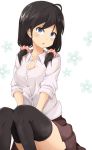  1girl :o ahoge black_hair blue_eyes blush bra breasts cleavage floral_background hair_ornament hair_scrunchie hoojiro_(found1093) long_hair looking_at_viewer low_twintails open_mouth original scrunchie see-through sitting skirt solo thigh-highs twintails underwear 