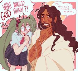  1boy 1girl @_@ ahoge beard blush brown_hair captainharlock christianity clenched_teeth coke-bottle_glasses confessions_of_a_rotten_girl_(vocaloid) cross_hair_ornament dark-skinned_male dark_skin facial_hair fujoshi glasses green_hair hair_ornament hatsune_miku jesus long_hair open_mouth plaid_clothes plaid_skirt robe school_uniform shirt skirt teeth the_bible thinking twintails very_long_hair vocaloid white_shirt 