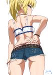  1girl ass bare_shoulders blonde_hair bracelet braid cutoffs denim denim_shorts fate/apocrypha fate_(series) green_eyes hand_on_hip highres jewelry looking_to_the_side midriff ponytail saber_of_red short_shorts shorts solo suna tank_top thong whale_tail 