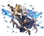  1girl animal_ears back blonde_hair blue_eyes bow cecile_(granblue_fantasy) erun_(granblue_fantasy) feathers full_body gloves granblue_fantasy hair_bun high_heels instrument minaba_hideo musical_note official_art solo transparent_background trumpet 
