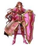  1girl armor armored_boots boots brown_hair fire_emblem fire_emblem:_shin_monshou_no_nazo fire_emblem_heroes full_body gloves highres long_hair mayo_(becky2006) official_art red_eyes sheema shield solo transparent_background 