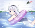  1girl ass blue_eyes child crossed_arms dragon dragon_girl from_behind hairband horns innertube kanna_kamui kobayashi-san_chi_no_maidragon long_hair looking_back low_twintails re-arusu school_swimsuit silver_hair swimming swimsuit tail tooru_(dragon)_(maidragon) tooru_(maidragon) twintails water 
