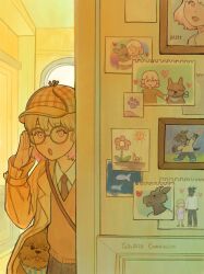  1girl absurdres adjusting_eyewear animal artist_name blonde_hair coat collared_shirt commentary_request commission dog glasses hat highres indoors long_sleeves looking_at_viewer medium_hair necktie open_mouth original shirt signature solo sweater_vest upper_body white_shirt ya0n0524 