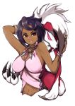  1girl absurdres arm_behind_head arm_up bare_arms bare_shoulders black_eyes black_hair blush bracelet breasts bright_pupils claws cleavage collarbone dark_skin diamond_(shape) earrings elite_four eyelashes fingernails gem grin groin highres island_kahuna jewelry large_breasts lips lycanroc lychee_(pokemon) navel neck_ring necklace no_bra okome_(okomeboy) pink_lips pink_shirt pokemon pokemon_(creature) pokemon_(game) pokemon_sm shirt short_hair sideboob simple_background smile tank_top upper_body white_background wolf z-ring 