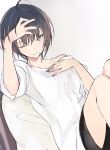  1boy androgynous bangs black_hair blue_eyes eyebrows_visible_through_hair hair_between_eyes hand_on_own_chest knees_up looking_at_viewer lpip lying male_focus on_back one_eye_closed original parted_lips shirt short_hair simple_background smile solo white_background white_shirt 