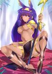  1girl blush bracelet breasts dark_skin earrings egyptian egyptian_clothes facial_mark fate/grand_order fate_(series) highres hoop_earrings jewelry long_hair looking_at_viewer navel nitocris_(fate/grand_order) purple_hair saisarisu shiny shiny_skin sitting smile soli solo very_long_hair violet_eyes 