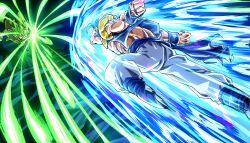  2boys absurdres aura battle black_vest blue_hair blue_sash broly_(dragon_ball_super) clenched_hands dragon_ball dragon_ball_super dragon_ball_super_broly gogeta green_hair highres legendary_super_saiyan male_focus medium_hair metamoran_vest multiple_boys nishitakuart no_shirt open_clothes open_vest pants sash solo_focus spiky_hair super_saiyan super_saiyan_blue topless_male vest white_pants 