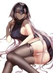  1girl alternate_costume aran_sweater ass backless_outfit bangs bare_shoulders bed_sheet black_dress black_legwear black_sweater breasts brown_legwear dress fate/grand_order fate_(series) fingernails from_side garter_straps hair_down hair_ribbon halterneck hand_up headpiece jeanne_alter large_breasts light_particles long_hair looking_at_viewer lying medium_breasts no_bra on_side open-back_dress panties pantyshot pantyshot_(lying) ribbed_sweater ribbon ruler_(fate/apocrypha) sideboob silver_hair simple_background sleeveless sleeveless_turtleneck smile solo sweater sweater_dress thigh-highs tress_ribbon turtleneck turtleneck_sweater underwear very_long_hair virgin_killer_sweater white_background white_panties yellow_eyes zjsstc 
