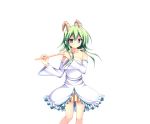  1girl bare_shoulders detached_sleeves dragon_providence dress flute goat_horns green_hair instrument looking_at_viewer official_art pan_(dragon_providence) solo standing white_dress 