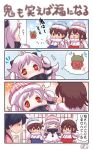  4girls 4koma :3 :d ^_^ ahoge akagi_(kantai_collection) black_hair brown_eyes brown_hair closed_eyes comic dress hakama hat houshou_(kantai_collection) japanese_clothes kaga_(kantai_collection) kantai_collection multiple_girls northern_ocean_hime oni open_mouth orange_eyes pako_(pousse-cafe) scarf setsubun shinkaisei-kan side_ponytail smile translation_request white_dress white_hair white_skin younger 