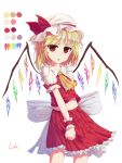  1girl absurdres ascot blonde_hair color_guide crop_top fang flandre_scarlet hat hat_ribbon highres lo-ta looking_at_viewer midriff miniskirt mob_cap navel open_mouth puffy_short_sleeves puffy_sleeves red_eyes red_skirt red_vest ribbon short_hair short_sleeves signature simple_background skirt skirt_tug solo touhou vest white_background wings wrist_cuffs 