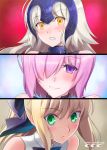  :&lt; black_ribbon blonde_hair blush close-up commentary_request embarrassed eyebrows_visible_through_hair face fate/grand_order fate/unlimited_codes fate_(series) green_hair hair_over_one_eye hair_ribbon headpiece jeanne_alter long_hair looking_at_viewer orange_eyes ponytail purple_hair ribbon ruler_(fate/apocrypha) saber saber_lily shielder_(fate/grand_order) shirotsumekusa short_hair smile sweatdrop violet_eyes 