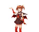  1girl :d arm_warmers black_skirt brown_hair choker closed_eyes dragon_providence earrings gem hair_ornament hand_up jewelry ladon_(dragon_providence) official_art open_mouth red_legwear school_uniform serafuku short_twintails skirt smile solo standing thigh-highs twintails wings 