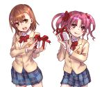  2girls blazer blue_skirt brown_eyes brown_hair cowboy_shot gift jacket long_hair looking_at_viewer misaka_mikoto multiple_girls plaid plaid_skirt pose raika9 red_ribbon ribbon school_uniform shirai_kuroko short_hair skirt symmetry to_aru_kagaku_no_railgun to_aru_majutsu_no_index tongue tongue_out twintails 