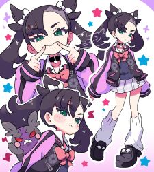  black_hair black_shoes bow choker earrings fingersmile green_eyes hair_bow highres jacket jewelry loose_socks marnie_(academy)_(pokemon) marnie_(pokemon) morpeko morpeko_(hangry) multiple_views open_clothes open_jacket pokemon pokemon_masters_ex pokemon_swsh pout school_uniform shoes simple_background single_earring skirt socks star_(symbol) two_side_up white_background yoshishi_(yosisitoho) 