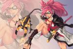  1girl amputee baiken ball_and_chain bandage breasts cleavage facial_tattoo guilty_gear guilty_gear_xrd hair_ribbon highres japanese_clothes kimono large_breasts light_smile long_hair no_bra obi one-eyed one_knee open_clothes open_kimono open_toe_shoes pink_eyes pink_hair platinum_disco ponytail ribbon sash scar scar_across_eye sheath sheathed shoes solo tattoo thighs toes zoom_layer 