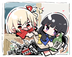  2girls assault_rifle black_hair blonde_hair blue_kimono bottle clothes_grab commentary explosive gun hair_ribbon heart highres holding holding_bottle inoue_takina japanese_clothes kimono long_hair lycoris_recoil minecart multiple_girls nishikigi_chisato one_side_up peashooter_(plants_vs_zombies) plants_vs_zombies red_kimono red_ribbon ribbon rifle rocket_launcher rpg_(weapon) short_hair symbol-only_commentary tnt tnt_block_(minecraft) violet_eyes weapon zhanzhangzlw 