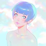  1girl blue_eyes blue_hair glasses ilya_kuvshinov looking_at_viewer nude out-of-frame_censoring short_hair solo 