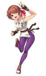  1girl braid breasts brown_eyes brown_hair dougi fingerless_gloves full_body gloves headband highres looking_at_viewer nibansu one_eye_closed open_mouth red_headband ryuuko_no_ken shoes short_hair simple_background single_braid smile sneakers solo spandex v white_background yuri_sakazaki 
