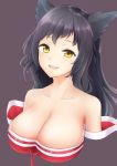  1girl absurdres ahri animal_ears bare_shoulders black_hair breasts brown_background cleavage collarbone detached_sleeves fox_ears highres korean_clothes large_breasts league_of_legends long_hair nanabe open_mouth simple_background slit_pupils solo upper_body yellow_eyes 
