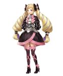  1girl arms_behind_back blonde_hair boots bow dress earrings elise_(fire_emblem_if) female fire_emblem fire_emblem_heroes fire_emblem_if full_body hair_bow hair_ribbon high_heels highres jewelry long_hair official_art open_mouth ribbon simple_background smile solo standing thigh-highs thigh_boots transparent_background twintails violet_eyes zettai_ryouiki 