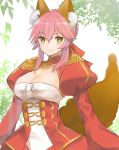 1girl absurdres alternate_hair_length alternate_hairstyle animal_ears bad_id bad_twitter_id bangs blush braid breasts cleavage closed_mouth corset cosplay dress epaulettes eyebrows_visible_through_hair fate/extra fate_(series) fox_ears hair_between_eyes hair_bun highres ito_(silk9f) juliet_sleeves large_breasts leaf long_sleeves looking_at_viewer nero_claudius_(fate) nero_claudius_(fate)_(all) nero_claudius_(fate)_(cosplay) pink_hair puffy_sleeves red_dress short_hair_with_long_locks simple_background smile solo tamamo_(fate)_(all) tamamo_no_mae_(fate) upper_body white_background yellow_eyes 