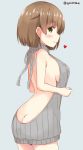  1girl aran_sweater ass back backless_outfit bangs bare_back bare_shoulders blush breasts brown_hair butt_crack chaa_(korone-ze) closed_mouth cowboy_shot dress eyebrows_visible_through_hair from_behind green_eyes grey_background grey_dress grey_sweater halterneck highres hiryuu_(kantai_collection) kantai_collection large_breasts legs_together looking_at_viewer looking_back medium_breasts naked_sweater no_bra no_panties no_underwear open-back_dress pink_lips profile ribbed_sweater short_hair shoulder_blades sideboob simple_background sleeveless sleeveless_turtleneck smile solo sweater sweater_dress turtleneck turtleneck_sweater twitter_username virgin_killer_sweater 