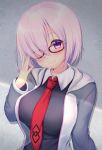  1girl bangs black-framed_eyewear blush breasts closed_mouth collared_shirt commentary_request eyebrows_visible_through_hair fate/grand_order fate_(series) glasses hair_over_one_eye highres hio_(hiohio0306) hood hoodie large_breasts lavender_hair looking_at_viewer necktie pink_hair red_necktie shade shielder_(fate/grand_order) shirt short_hair smile solo tareme upper_body violet_eyes white_shirt wing_collar 