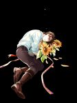  1boy absurdres akiae_(hayj14) black_background boots brown_boots brown_hair closed_eyes flower highres jojo_no_kimyou_na_bouken joseph_joestar_(young) lying male_focus on_side petals solo sunflower tears 