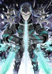  1boy armor armored_boots black-framed_eyewear black_gloves black_hair black_pants black_shirt blue_eyes boots cape chest_harness closed_mouth expressionless fate/grand_order fate_(series) feet_out_of_frame floating floating_object floating_weapon from_above gauntlets glasses gloves gram_(fate) harness legs_apart long_sleeves looking_at_viewer looking_up male_focus miwa_shirow multicolored_hair official_art own_hands_together pants purple_cape semi-rimless_eyewear shirt short_hair sigurd_(fate) solo spiky_hair standing straight-on third-party_source two-tone_hair under-rim_eyewear white_hair 