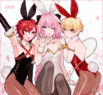  3boys ;p alexander_(fate/grand_order) ass blonde_hair blush bunnysuit child_gilgamesh fate/apocrypha fate/grand_order fate/hollow_ataraxia fate_(series) gilgamesh long_hair looking_at_viewer male_focus miyako_(xxxbibit) multiple_boys one_eye_closed open_mouth pantyhose pink_hair red_eyes redhead rider_of_black short_hair smile tongue tongue_out trap 