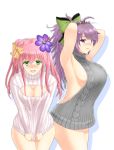  2girls ahoge aran_sweater armpits arms_behind_head arms_up backless_outfit bangs bare_shoulders blush bow breasts center_opening cleavage cleavage_cutout covering covering_crotch cowboy_shot double_bun dress echinacea_(flower_knight_girl) eyebrows_visible_through_hair flower flower_knight_girl green_bow green_eyes hair_between_eyes hair_bow hair_flower hair_ornament hairband halterneck highres lace-trimmed_bow large_breasts leaning_forward long_hair looking_at_viewer multiple_girls naked_sweater nose_blush open-back_dress open-chest_sweater open_mouth parted_lips pink_hair ponytail purple_flower purple_hair ribbed_sweater saffron_(flower_knight_girl) shadow sideboob simple_background smile spiked_hairband striped striped_sweater sweatdrop sweater sweater_dress teeth thighs tksmk3custom turtleneck turtleneck_sweater twintails v_arms violet_eyes virgin_killer_sweater white_background 