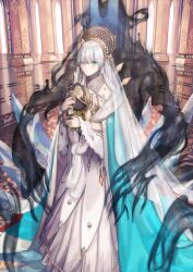  1girl anastasia_(fate) blue_cape blue_eyes blunt_ends cape closed_mouth doll dress expressionless fate/grand_order fate_(series) feather_boa feet_out_of_frame fur-trimmed_cape fur_trim gold_choker gold_hairband hair_over_one_eye hairband hands_up holding holding_doll ice long_dress long_hair long_veil looking_at_viewer monster official_art one_eye_covered sime_(echo) smoke solo standing third-party_source two-sided_cape two-sided_fabric variant_set veil very_long_hair viy_(fate) white_cape white_dress white_veil 