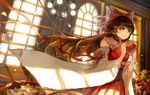  1girl ascot ball bangs bow brown_hair detached_sleeves embellished_costume floating_hair hair_bow hair_tubes hakurei_reimu japanese_clothes keiko_(mitakarawa) long_sleeves looking_at_viewer miko obi red_bow sash skirt skirt_set solo sunlight touhou wide_sleeves window yellow_eyes 