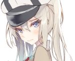  1girl alternate_costume blonde_hair blue_eyes eyebrows_visible_through_hair face gi_(melmail) graf_zeppelin_(kantai_collection) hat kantai_collection looking_at_viewer nervous peaked_cap platinum_blonde school_uniform simple_background solo twintails wavy_mouth white_background 